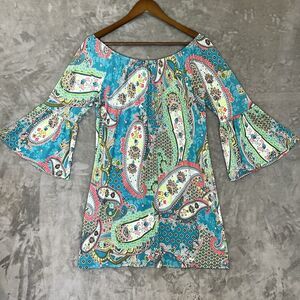 R Rouge Blue Paisley Print Dress Large 3/4 Bell Sleeves Midi Spandex BOHO